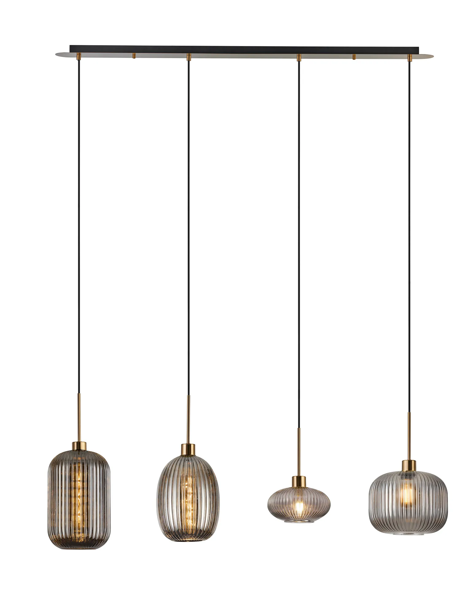 DK1233  Lori Linear Pendant, 4 Light Adjustable E27, Antique Gold/Smoke Various Ribbed Shades